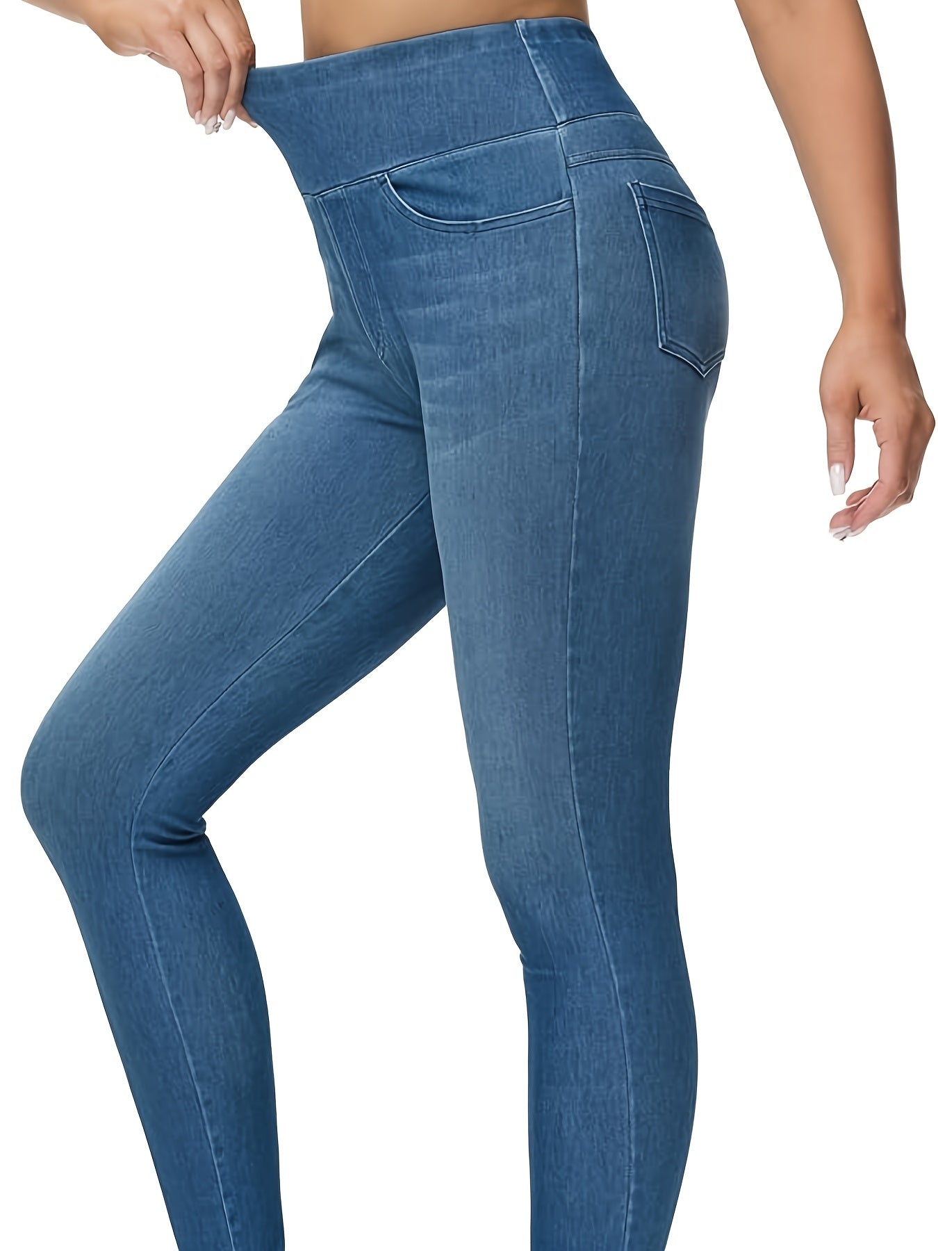 Women's Slim-fit Jeans with Four Pockets, High-waisted Stretchy Leggings, Fashionable Tummy- Denim Style
