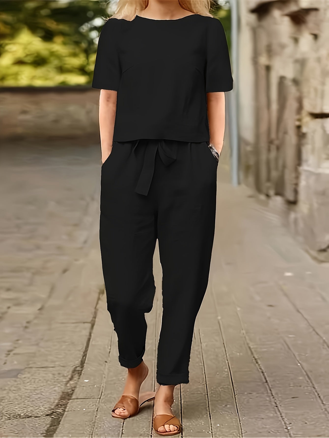 Women'S Casual Pants Suits, 2pcs Short Sleeve Top And Lace-Up Cuffed Ninth Pants, Loose Style for Daily Wear