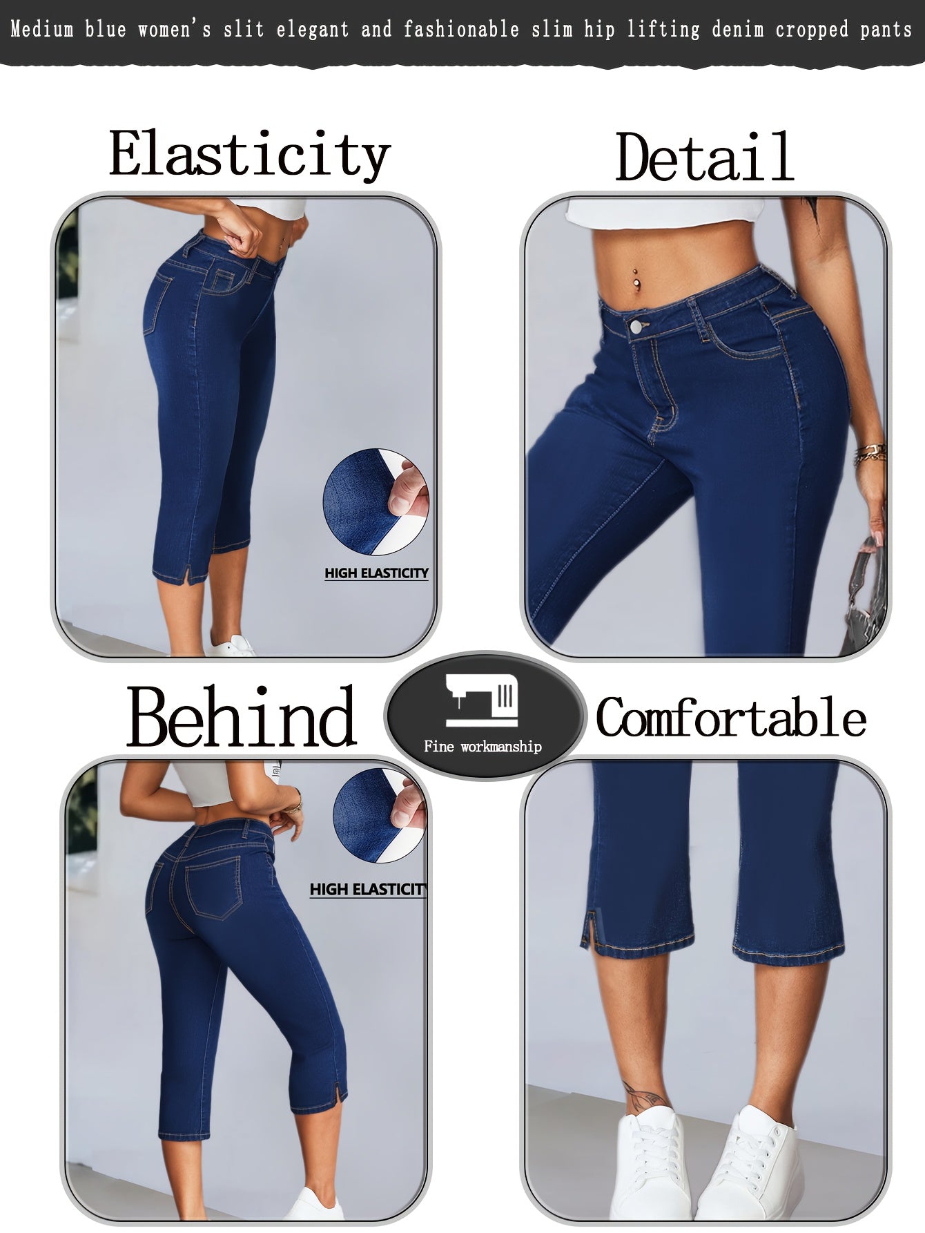 Women'S High-Waisted Mid-Rise Stretch Denim Capri Pants - Elegant Slim Fit with Button Closure, Ripped Detail, and Flared Hem, Light Blue, Spring/Summer Casual Wear, High Waisted Leggings, Spring Summer Apparel, Fashionforward Design