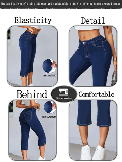 Women'S High-Waisted Mid-Rise Stretch Denim Capri Pants - Elegant Slim Fit with Button Closure, Ripped Detail, and Flared Hem, Light Blue, Spring/Summer Casual Wear, High Waisted Leggings, Spring Summer Apparel, Fashionforward Design