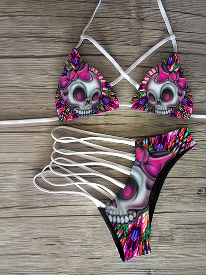 Two-Piece Bikini Set Featuring a Punk Skull Design, Perfect for Parties with a Sexy Lace-Up Style