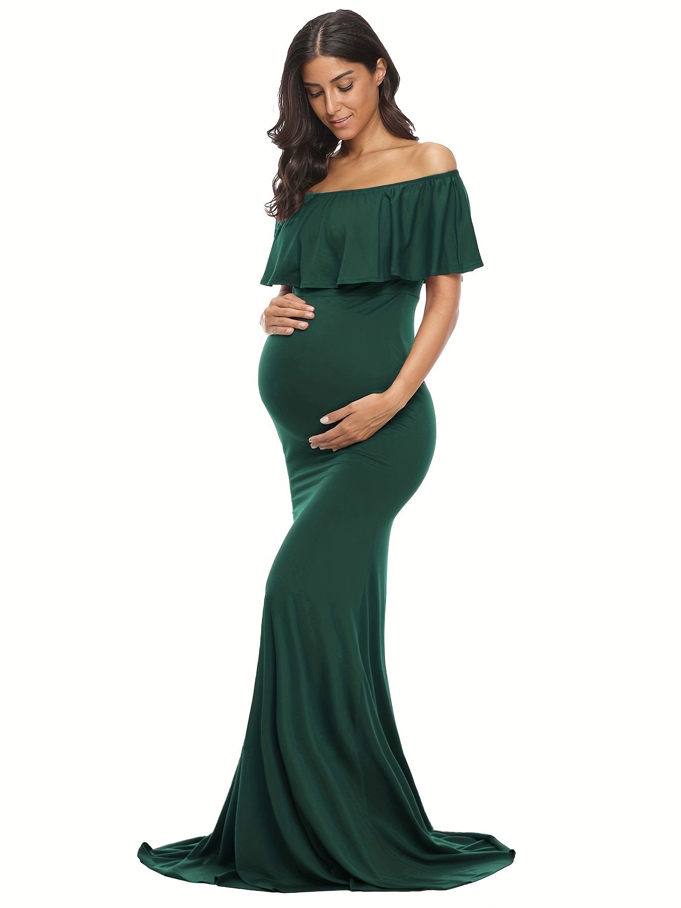 Womens Off Shoulder Maternity Dress Ruffles Elegant Slim Gowns Fit Maxi Photography Dress