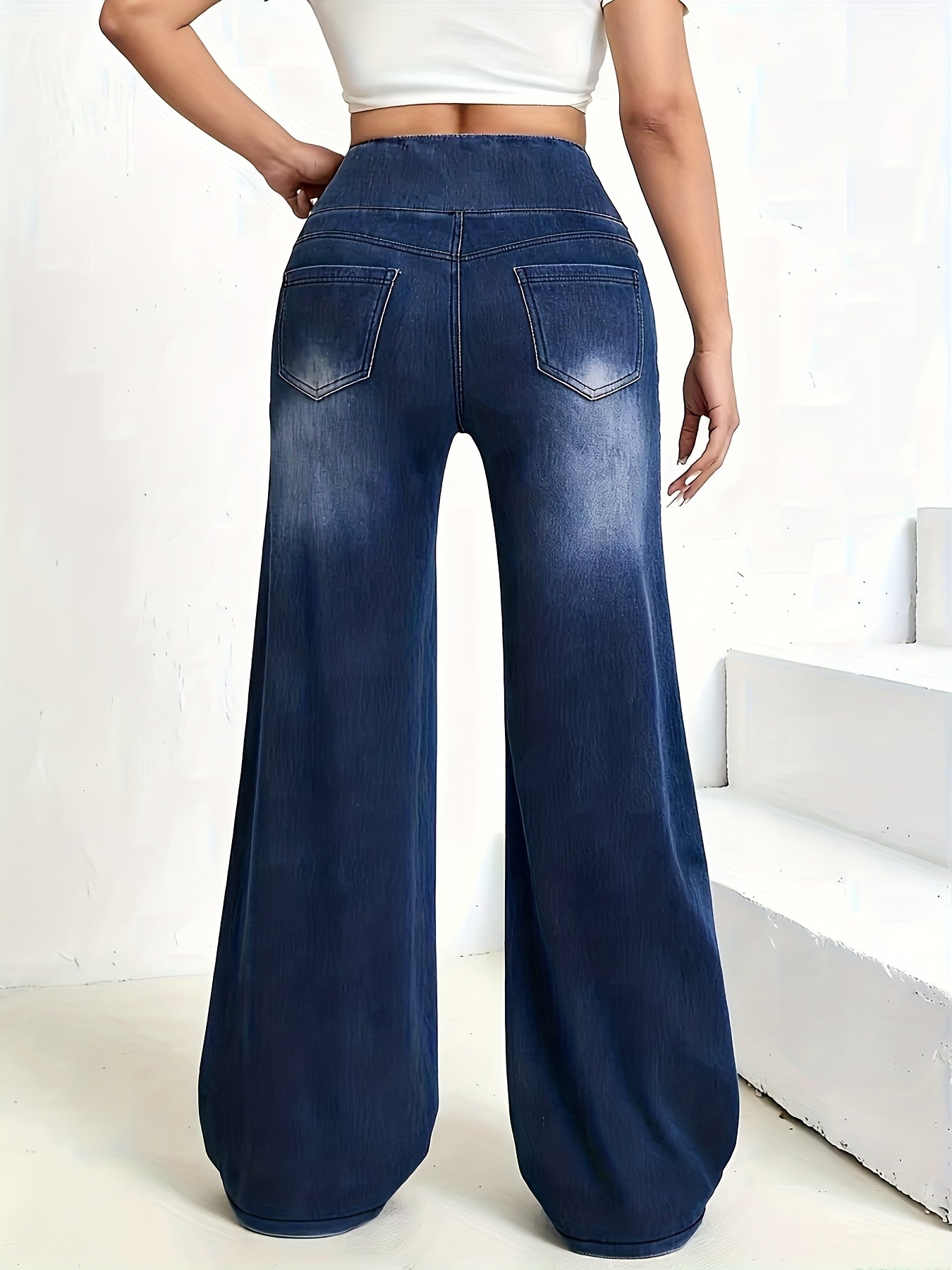 Women's Washed High-Waisted Wide-Leg Jeans Stretch Waistband with Drapey Straight Legs Relaxed Fit Trendy Denim Pants