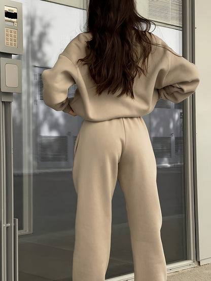 Two-piece Autumn and Winter New Fashion Zip-up Lapel Solid Color Casual Suit, SCACTO