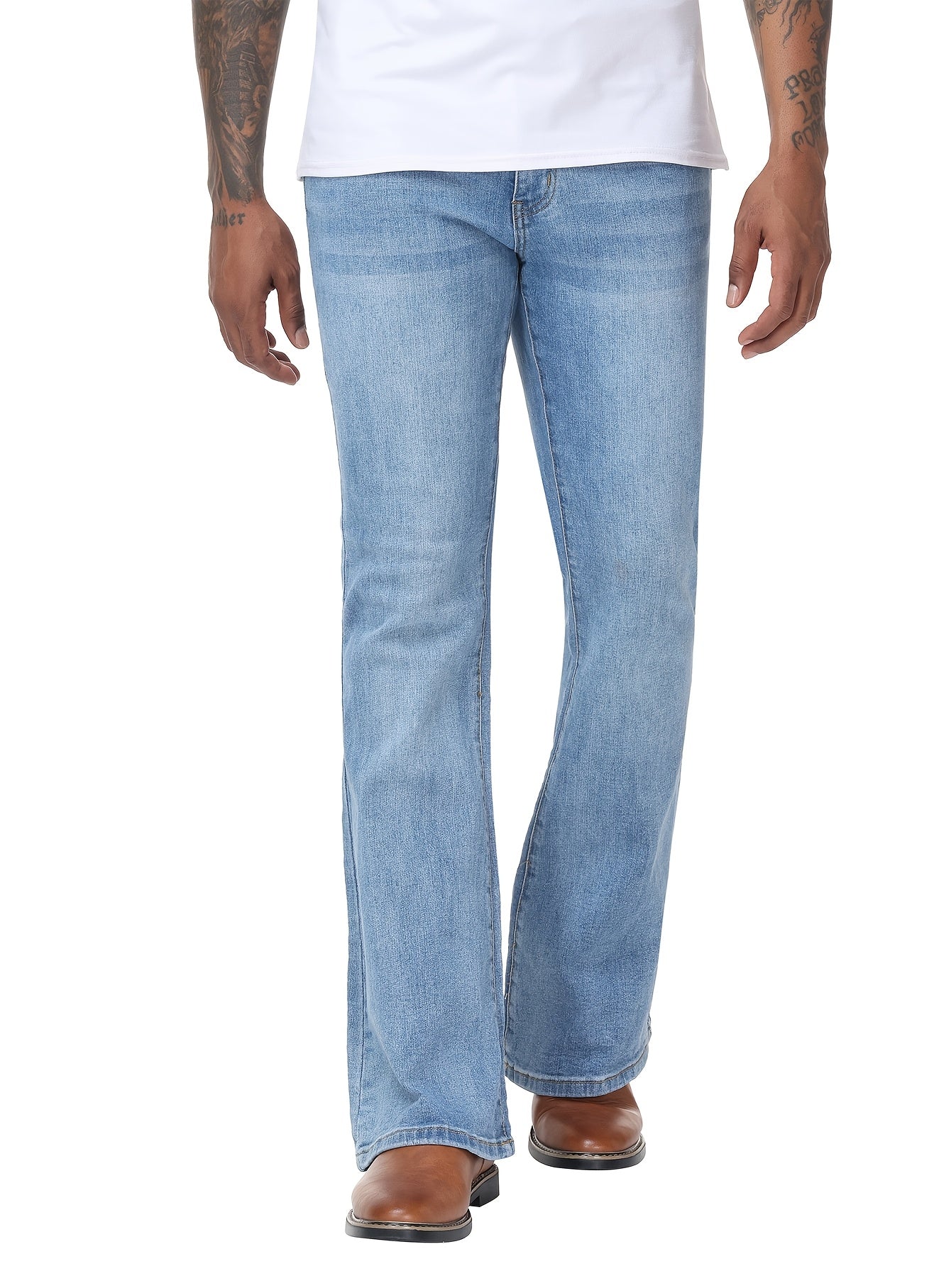 Men's Vintage 70s Retro Bell Bottom Jeans - Wide- Flare Pants with Mid-Stretch Blend, Beltless Suitable for Disco Parties, Night Out & Casual Attire, Machine Washable Mid-Rise Bottoms