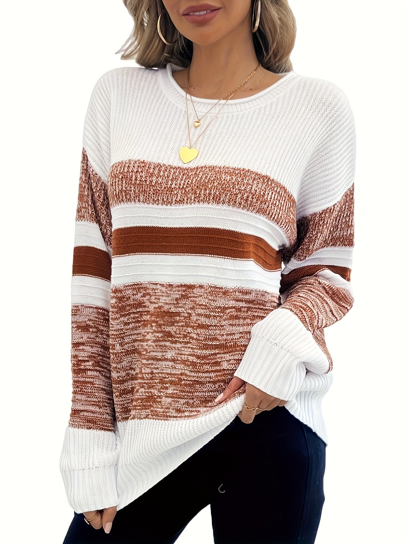 Women'S Fashion Striped Long Sleeve Sweater Color-Blocked Pullover Top Casual Ribbed Sweater