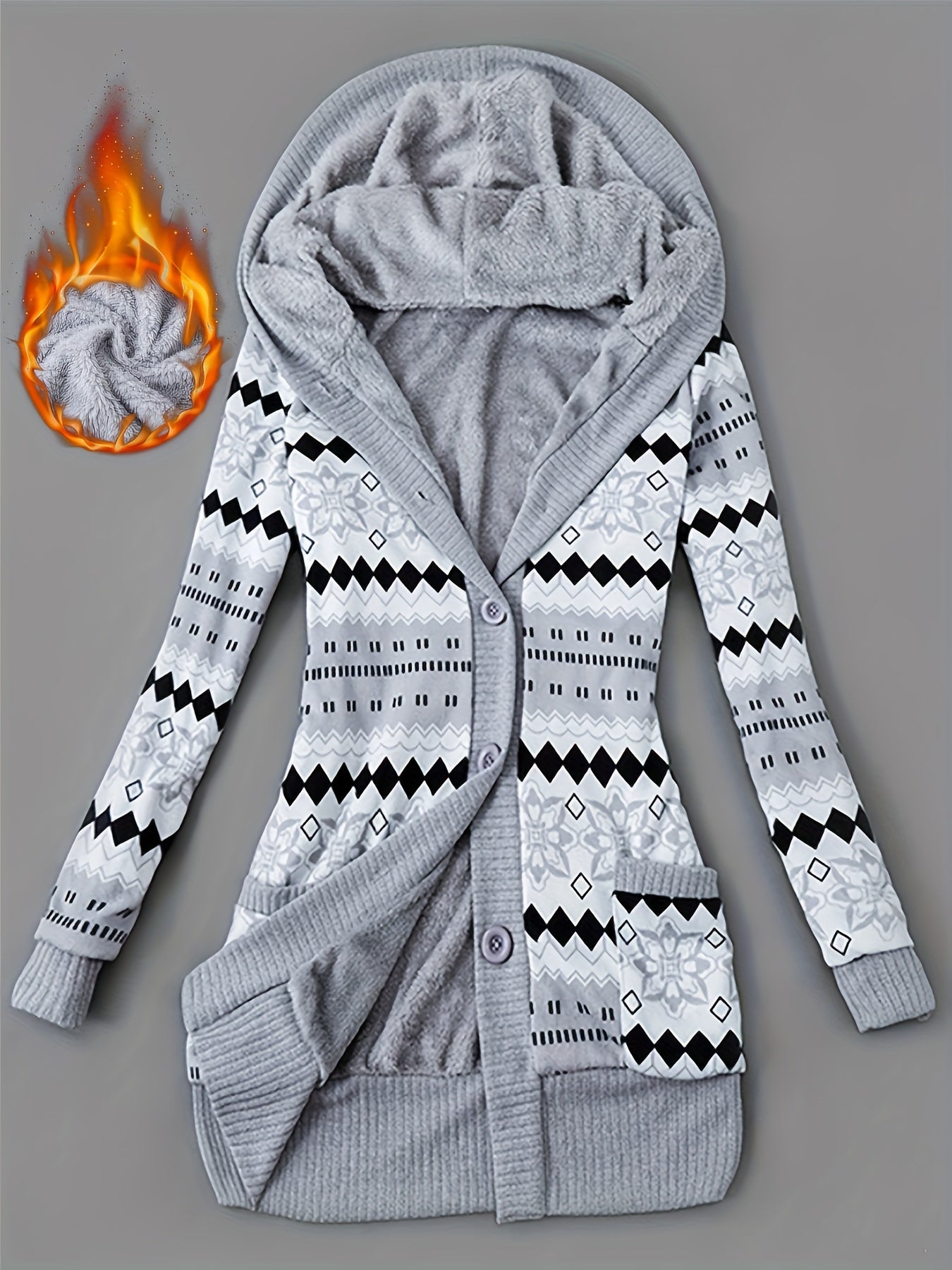 Women'S Fall Winter Casual Hooded Jacket, Warm Fleece Lined Long Sleeve Coat with Geometric Pattern And Colorblock Design