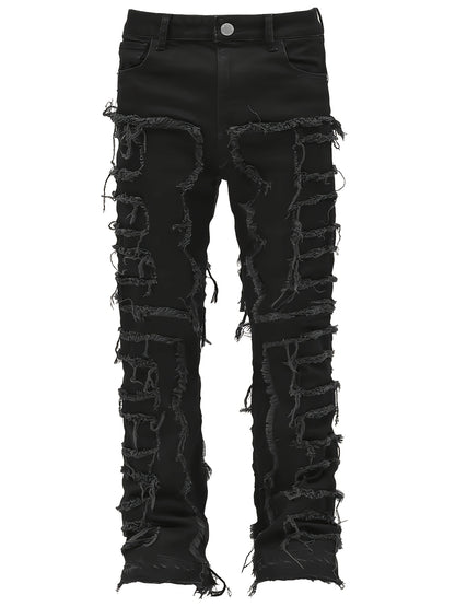 Men's Creative Tassel Decor Straight Fit Jeans, Men's Casual Mid-Rise Elastic Street Style Hip-Hop Skate Rap Jeans for All Seasons