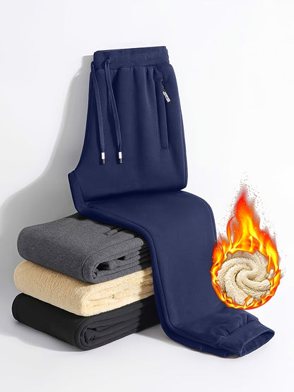 2pcs Winter Men's Warm Lamb's Fleece Casual Pants, Loose-Fit Essential for Home and Daily Wear, Simple Fleece-Lined Casual Pants with Elastic Waistband, Hidden Zipper Pocket Design, Cuffed Hem for Warmth, Loose and Long Fit. Simple and Versatile