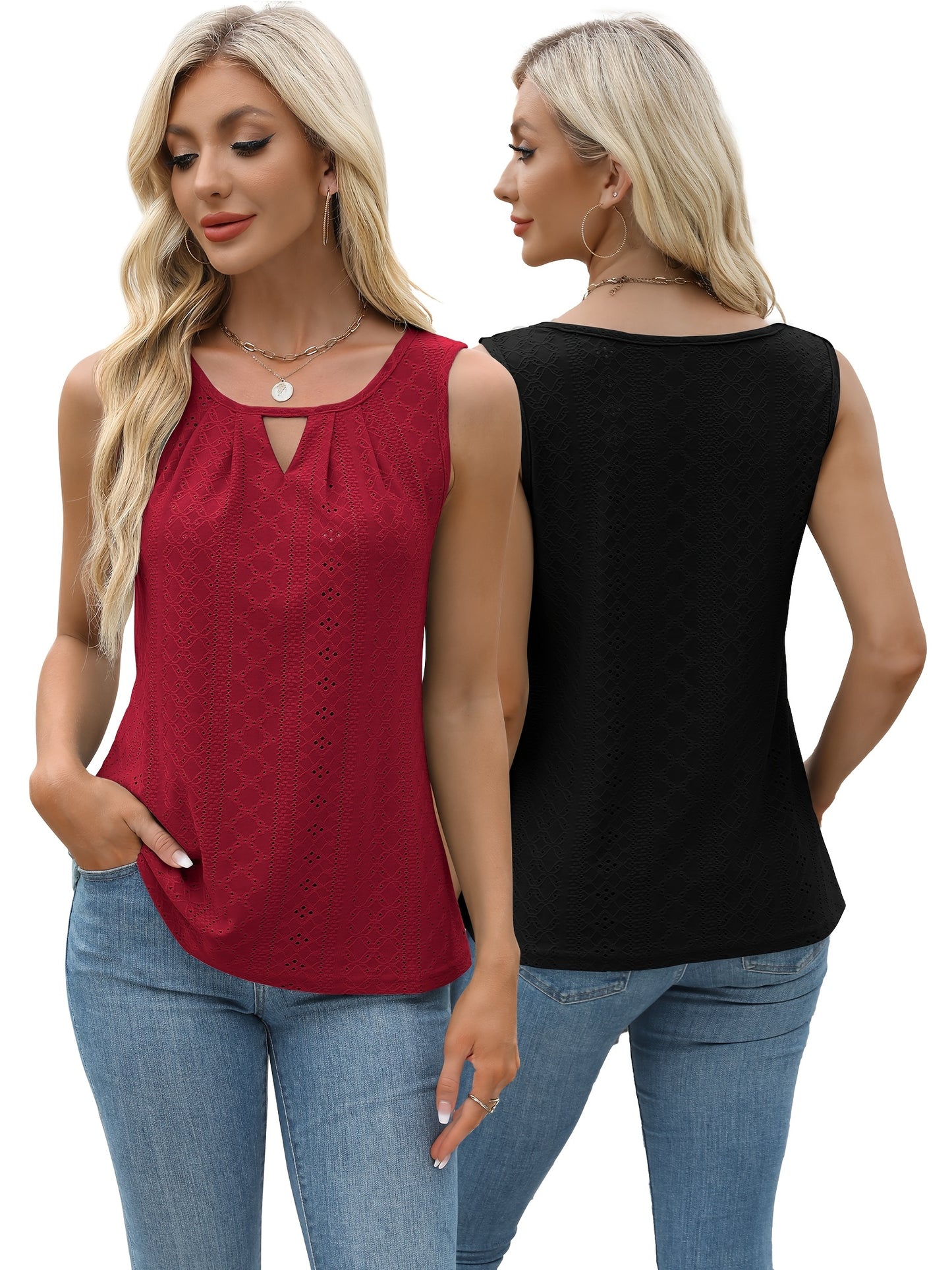 Women's Two-Piece Summer Tank Top Set - Sleeveless Eyelet Embroidery, Loose Fit, Business Casual Tops for Work & Everyday Wear[Women's Two-Piece Summer Tank