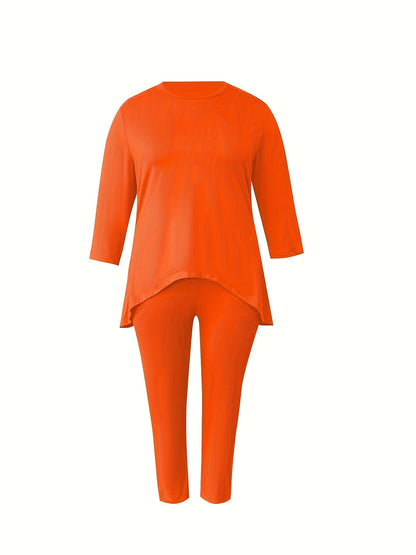 Plus Size - Plus Size Two-piece Set, Solid Color Round Neck 7-inch Sleeve Top And Pants Set, Women'S Two-piece Set