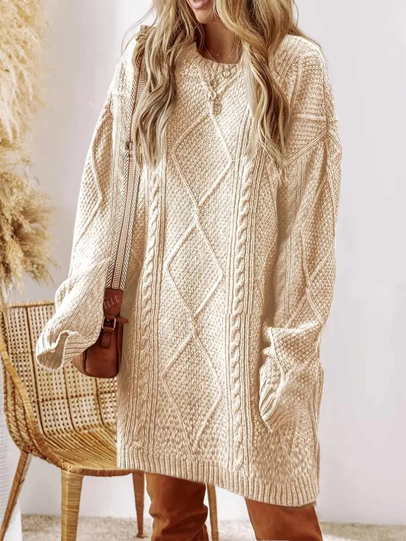 Plus Size, Beige Cable Sweater Dress - Oversized Slouchy Mid-Length Dress with Drop Shoulder, Cozy Winter Dress for Fall/Winter, Beige Cable Pattern Pullover, Elegant Casual to Dressy Wear