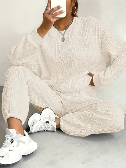 Women's Casual Pullover Two-piece Set, Suitable for Spring And Autumn, Consisting Of A Textured Long-sleeved Top And Jogging Pants