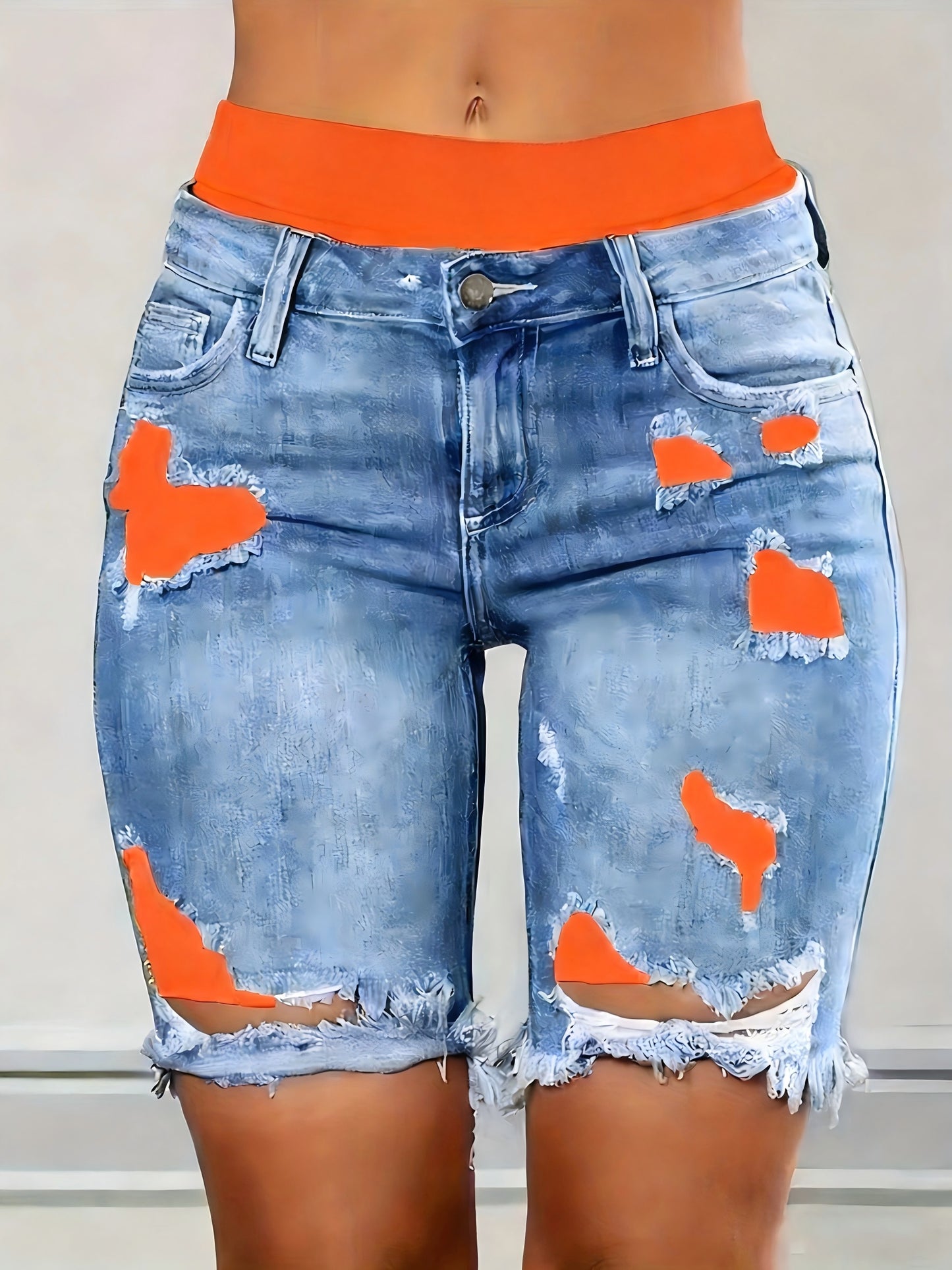 Denim Shorts: Color Block Printed Distressed Shorts/w Fitness Running Shorts