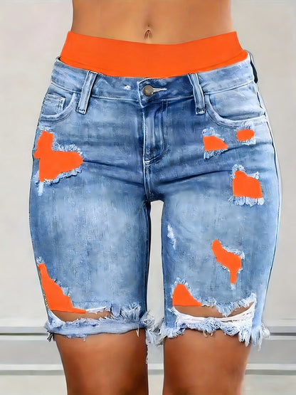 Denim Shorts: Color Block Printed Distressed Shorts/w Fitness Running Shorts