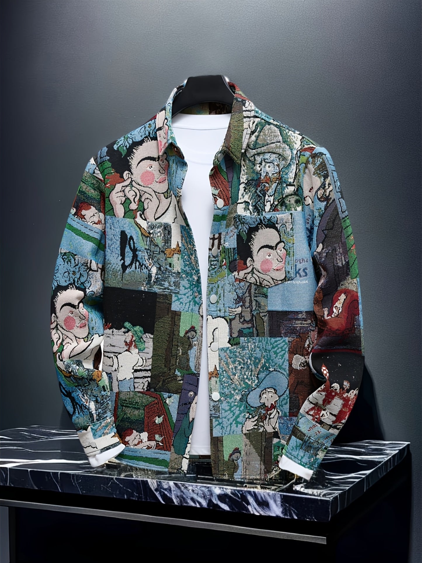 Men'S Slim-Fit Long Sleeve Shirt - Van Gogh-Inspired for Artistic Button-Up Shirt, Formal & Casual Attire, Machine Washable Polyester Blazer - Ideal Gift for Art Lovers, Casual Streetwear, Streetstyle Aesthetic, Versatile Clothing