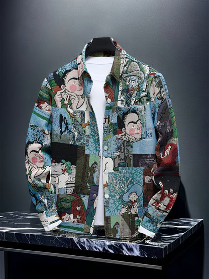 Men'S Slim-Fit Long Sleeve Shirt - Van Gogh-Inspired for Artistic Button-Up Shirt, Formal & Casual Attire, Machine Washable Polyester Blazer - Ideal Gift for Art Lovers, Casual Streetwear, Streetstyle Aesthetic, Versatile Clothing