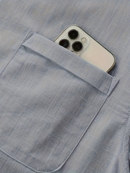 Plus Size Men'S Solid Shirt, Casual Breathable Half Button Cotton Blend Stand Collar Long Sleeve Shirt For Outdoor Activities, Men'S Clothing