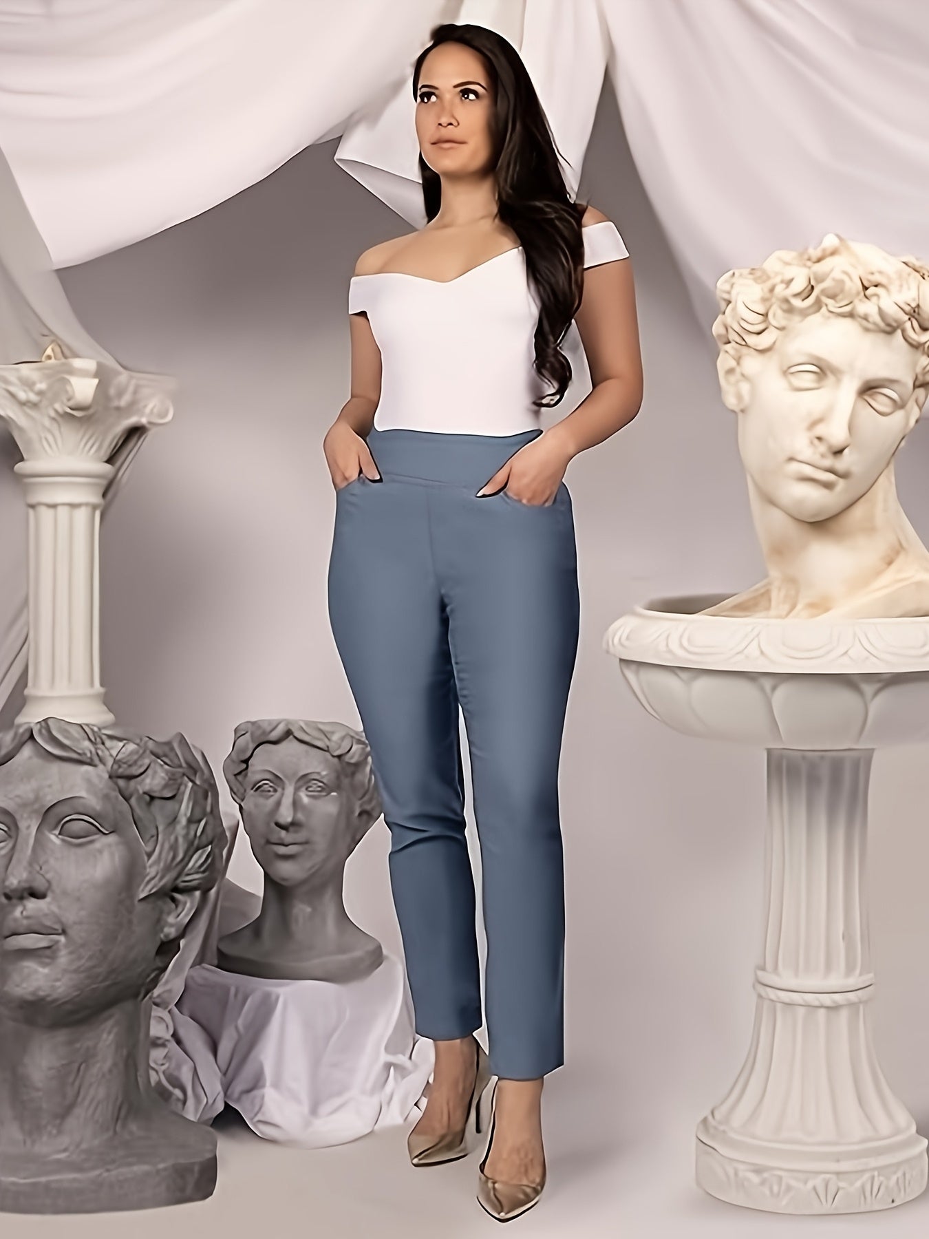 Slim Fit High-Waisted Pants for Women Featuring Five Pockets, Designed for Easy Pull-On Wear, Suitable for Work Or Casual Office Settings