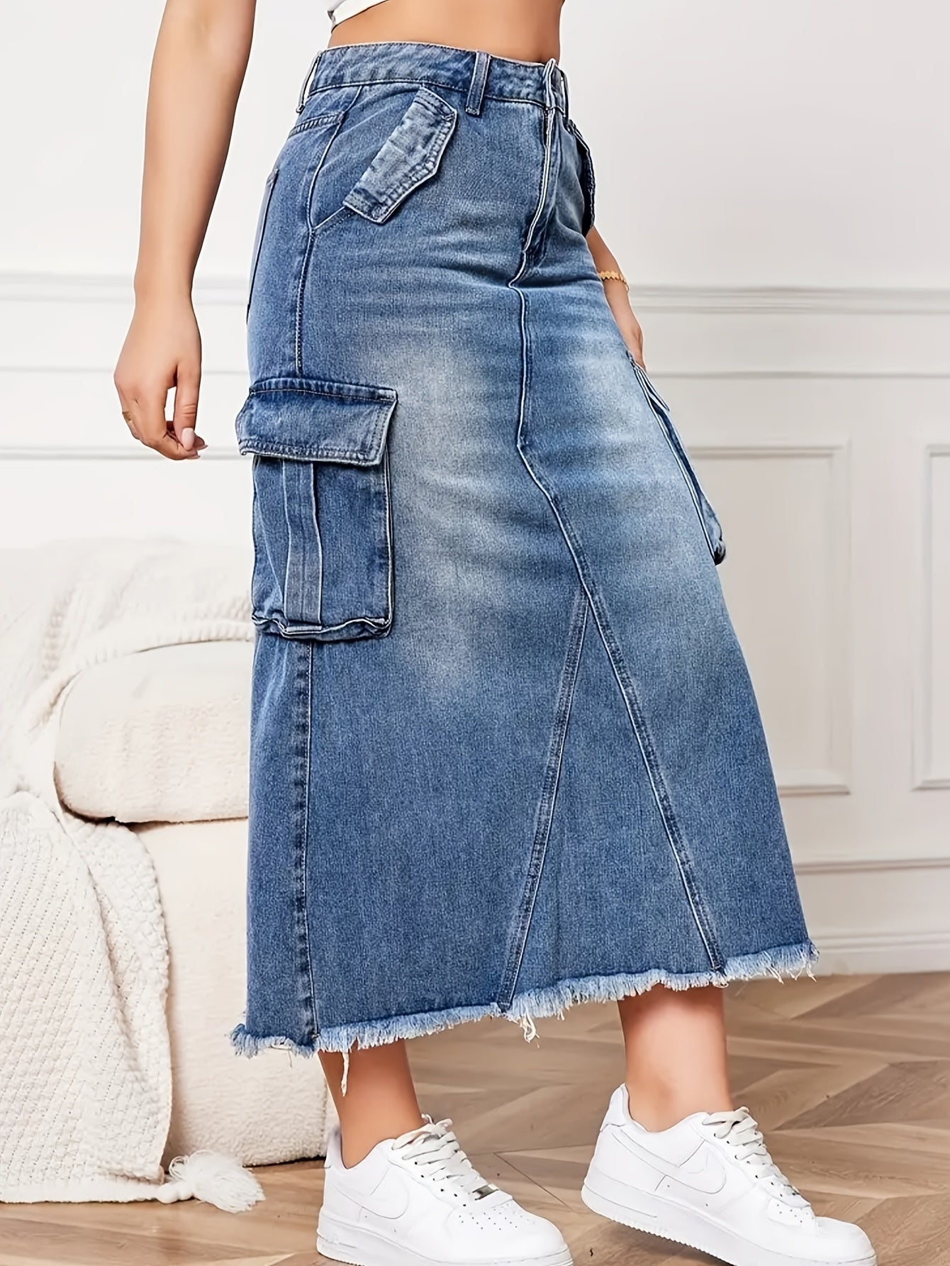 Women's Mid-Rise Stretch Denim Skirt with Baggy Hem & Frayed Edge Detail - Casual Workwear Style Mid-Length Skirt for Spring Summer Fall, Machine Washable, Jean Skirt