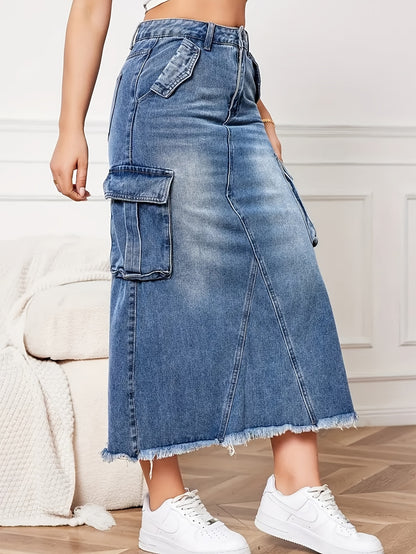 Women's Mid-Rise Stretch Denim Skirt with Baggy Hem & Frayed Edge Detail - Casual Workwear Style Mid-Length Skirt for Spring Summer Fall, Machine Washable, Jean Skirt