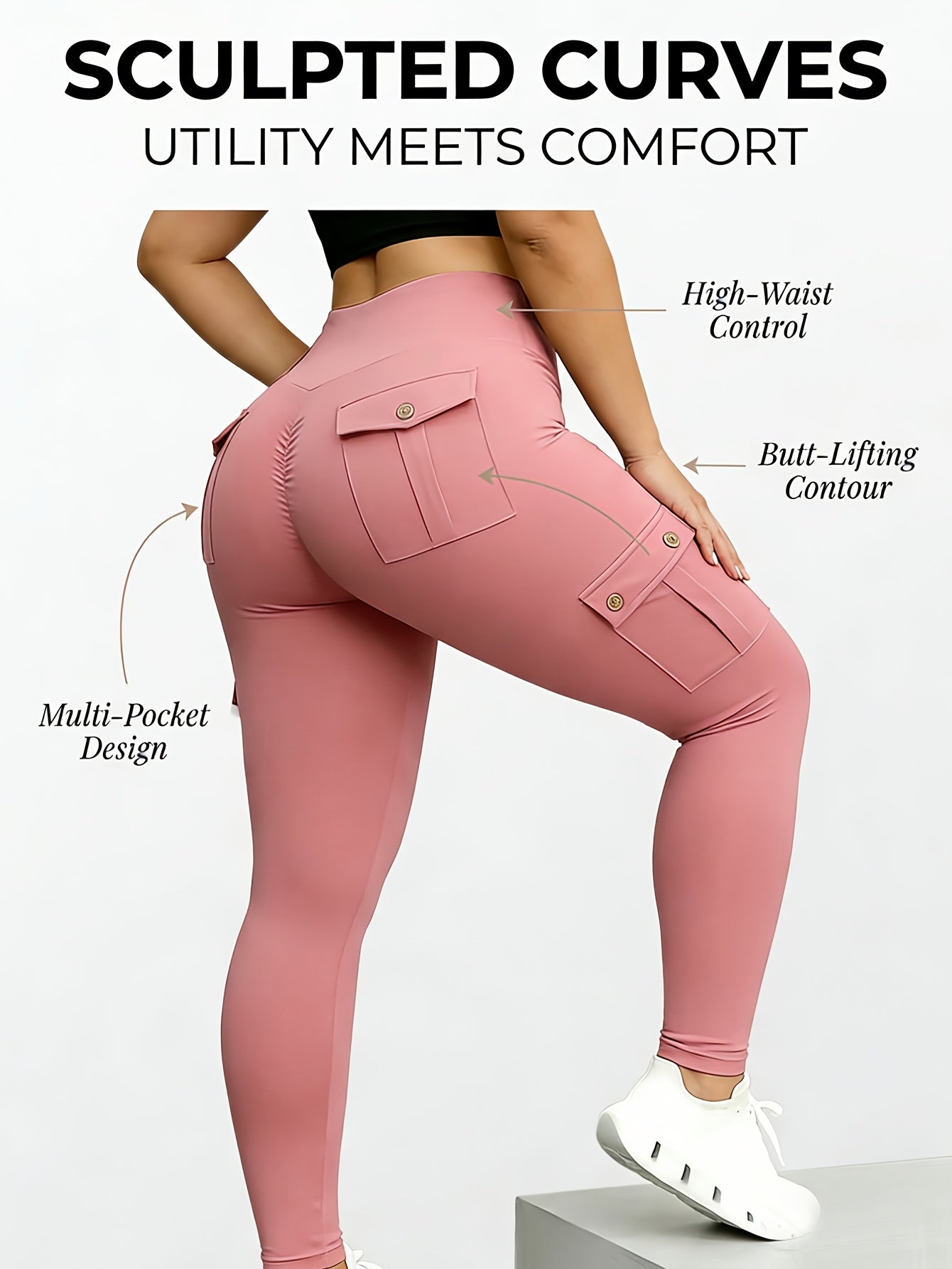 2 Pairs of Women'S Plus Size Tight Workwear Style Pants with Multiple Pockets, Sports Running Casual Daily Exercise Pants, Yoga Pants, High Waist And Hip Lifting, 2pcs Set of Spring, Summer And Autumn Pants, Shipped from Local Warehouse