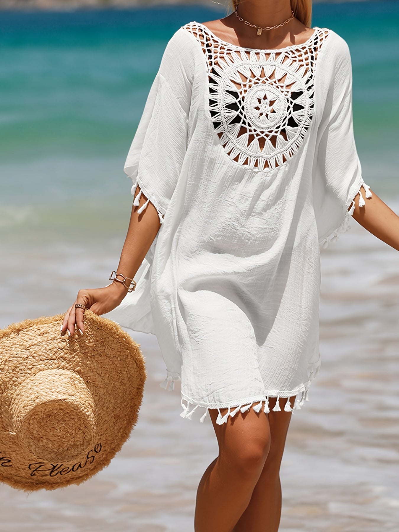 Lace Crochet V-Neck Dress Designed As a Cover-Up for Women'S Swimwear, Perfect for The Beach