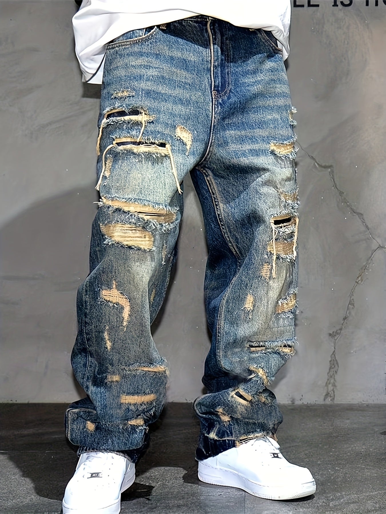 American Style High Street Patch, Wide Leg Jeans with Holes, Men's Fashion, Rugged And Stylish, Loose Design, Straight Leg Pants, Men's Fashion