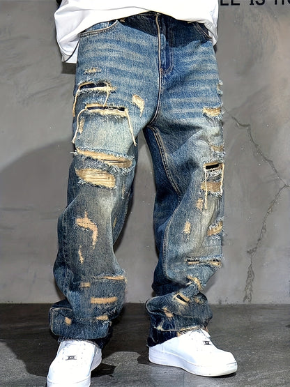 American Style High Street Patch, Wide Leg Jeans with Holes, Men's Fashion, Rugged And Stylish, Loose Design, Straight Leg Pants, Men's Fashion