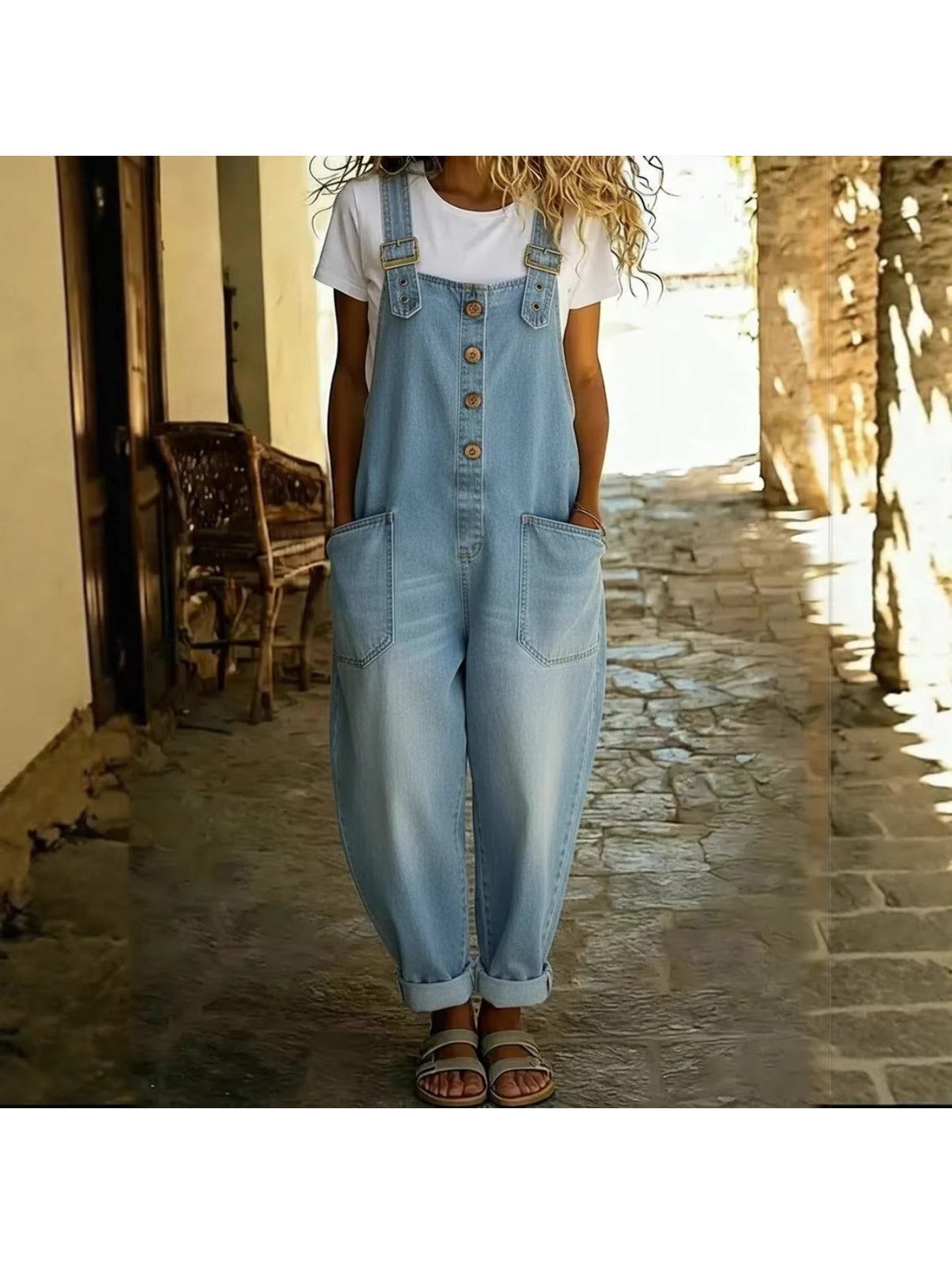 Retro Washed Loose Fit Denim Jumpsuit for Women Casual Adjustable Buckle Closure 2026