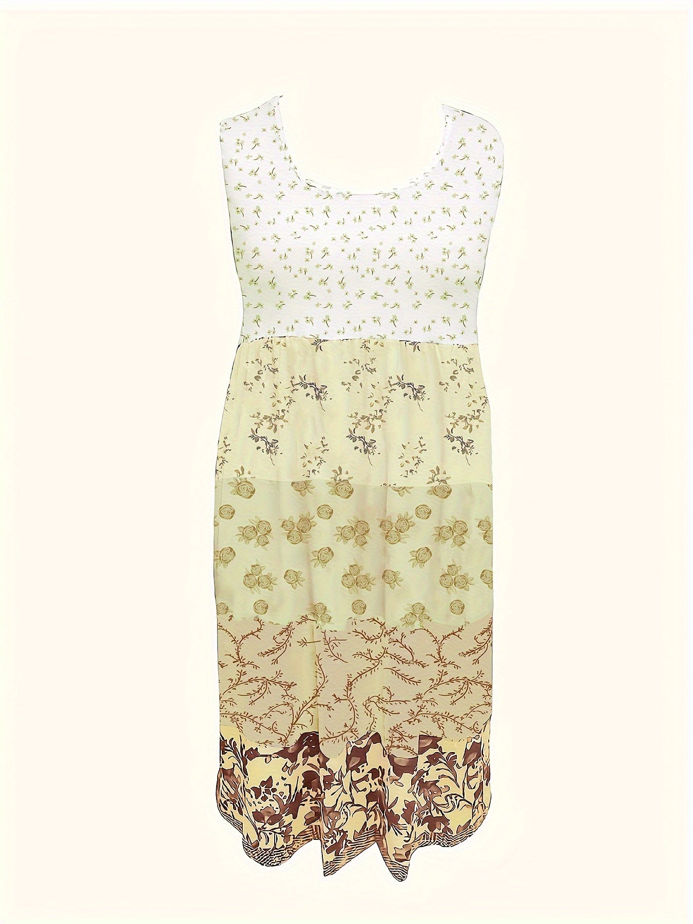 [Floral Print Vest Dress] Plus Size - Plus Size - Plus Size Floral Print Elegant Vest Dress - Sleeveless Round Neck Midi Dress in Vacation Style, Perfect for Women's Casual Outings