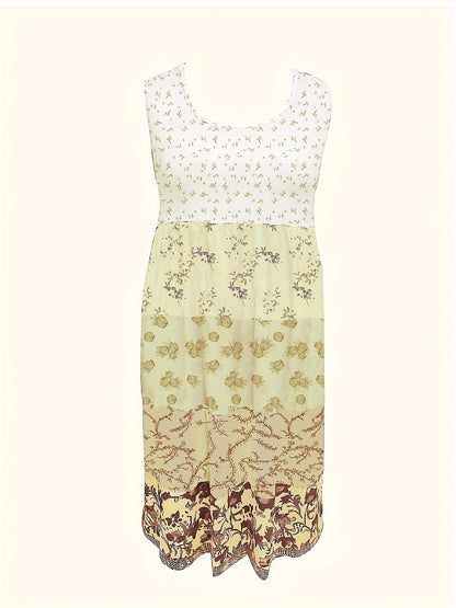 [Floral Print Vest Dress] Plus Size - Plus Size - Plus Size Floral Print Elegant Vest Dress - Sleeveless Round Neck Midi Dress in Vacation Style, Perfect for Women's Casual Outings