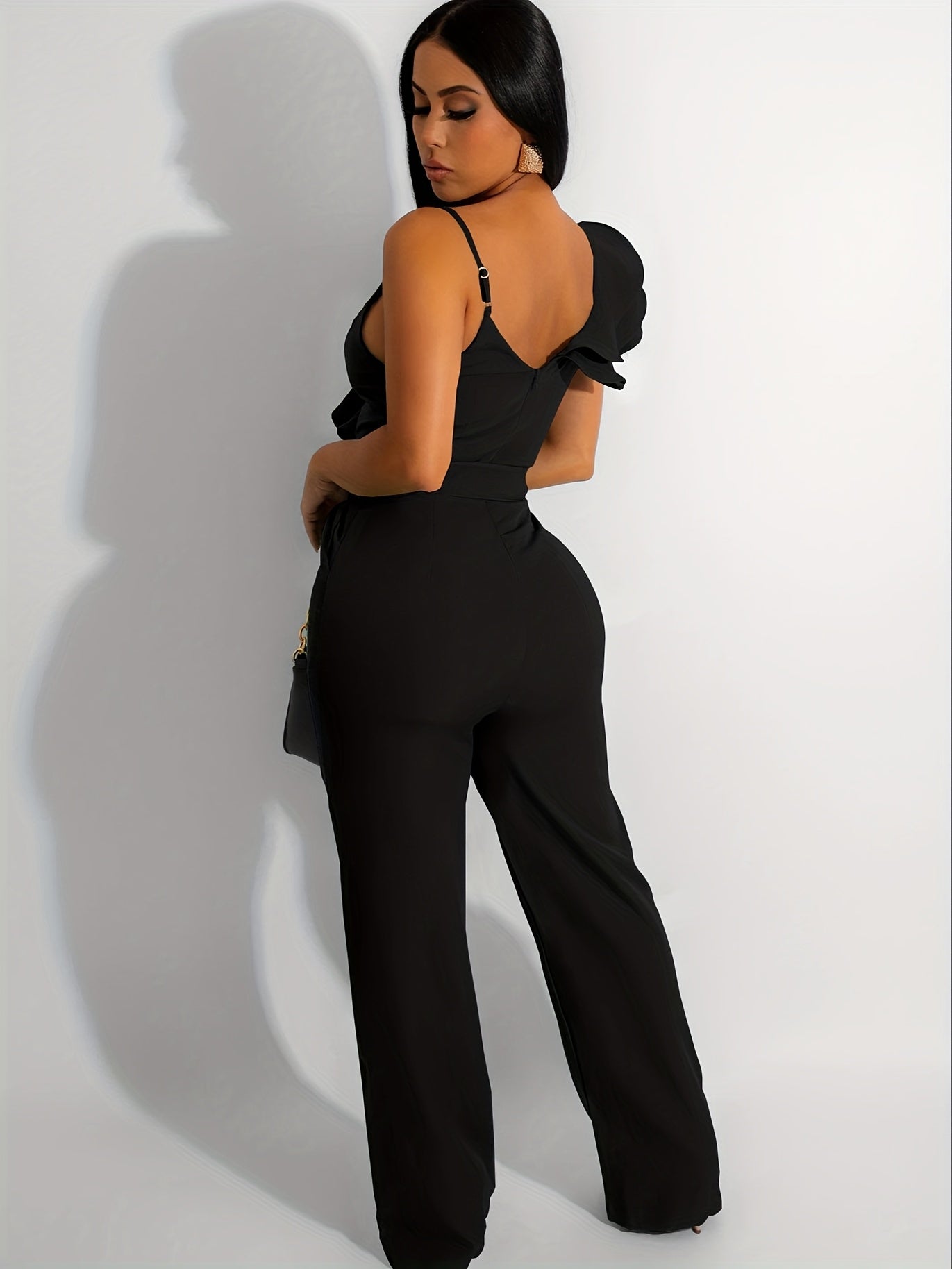 Womens Casual 1pc Jumpsuits V-Neck Sleeveless Ruffle Elegant Romper Wide Leg Pant Sexy Party Clubwear Overalls