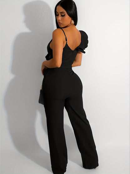 Womens Casual 1pc Jumpsuits V-Neck Sleeveless Ruffle Elegant Romper Wide Leg Pant Sexy Party Clubwear Overalls