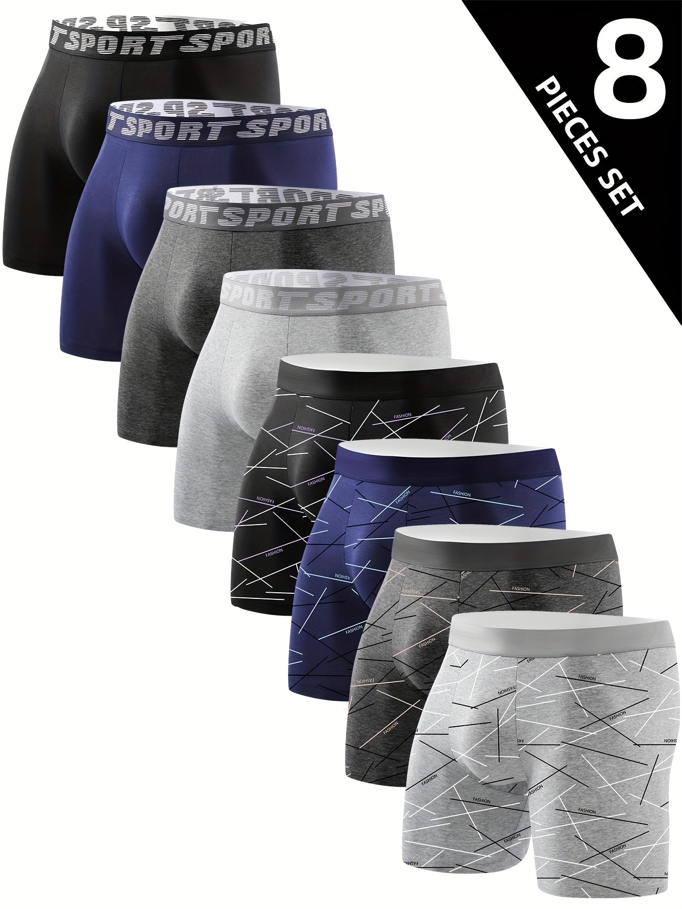 Set of 8 Men'S Long Boxer Briefs - Flexible, Airy, Gentle on Skin, Everyday Wear Featuring Geometric Patterns, High-Rise, Cozy Underwear | Geometric Patterned Briefs | Elastic Material
