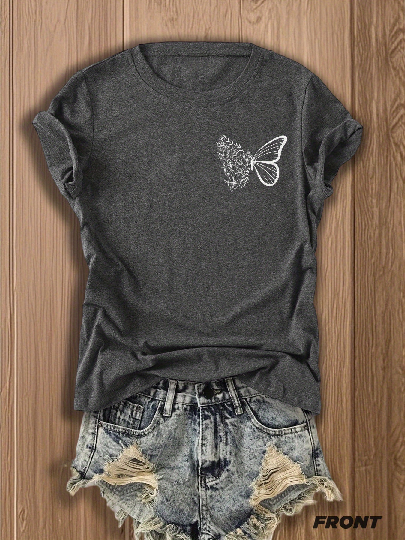 Butterfly Garden Double-Sided Print T-Shirt - Elegant And Whimsical Design, Suitable for Spring Wear, a Perfect Choice for Nature Lovers And Fashion Enthusiasts, Trendy Casual T-Shirt with Double-Sided Print Design
