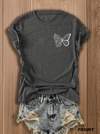 Butterfly Garden Double-Sided Print T-Shirt - Elegant And Whimsical Design, Suitable for Spring Wear, a Perfect Choice for Nature Lovers And Fashion Enthusiasts, Trendy Casual T-Shirt with Double-Sided Print Design
