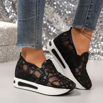 Women'S Chic Black Sequin Mesh Sneakers - Breathable, Casual Sneakers, Lightweight EVA Sole, Women Shoes