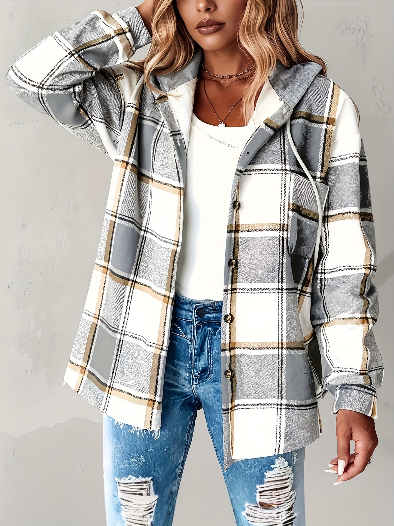 Women's Oversized Plaid Jacket with Fleece Lining - Hooded Winter Coat, Large Checkered Pattern (Black/Tan/Gray/White), Loose-Fit Casual Outerwear for Spring Fall Winter, Machine Washable Hoodie Jacket