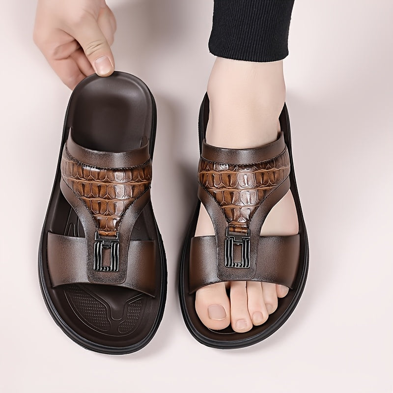 Men's Textured Slide Sandals, Crocodile-Print Straps with Metal Buckle - Minimalist Summer Shoes for Resort & Lounge