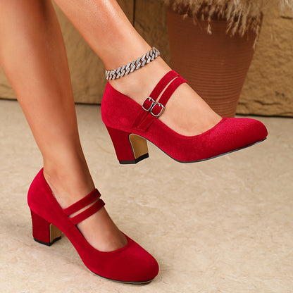 Women's Elegant Velvet Mary Jane High Heels with Chunky Heel & Double Straps - Round Toe Closed-Toe Dress Shoes for Weddings, Christmas, Professional Events, and Formal Occasions, Dressy Shoes, Wedding Guest Footwear, Synthetic Cover Insole