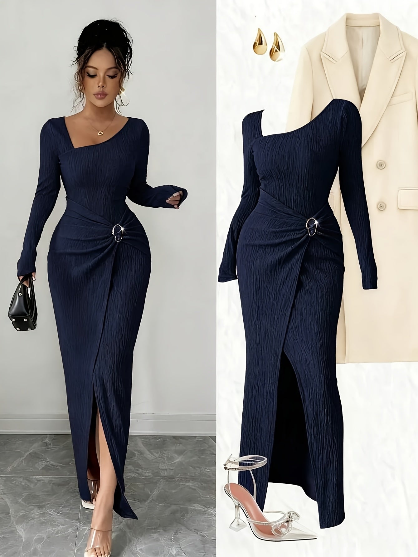 Women'S Solid Color Twisted Split Maxi Dress Asymmetrical Neck Slim Bodycon Fall Winter Elegant Fashion Dress