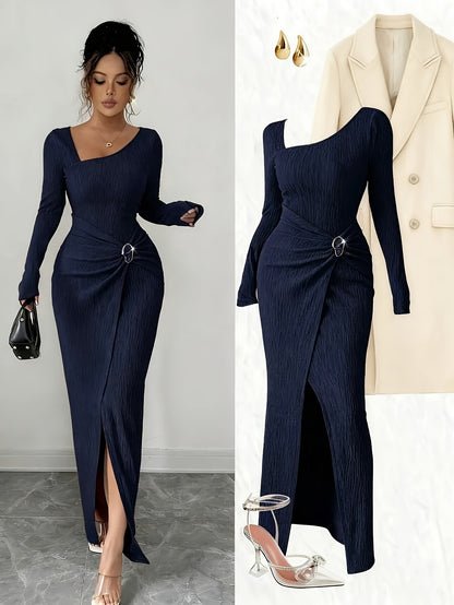 Women'S Solid Color Twisted Split Maxi Dress Asymmetrical Neck Slim Bodycon Fall Winter Elegant Fashion Dress
