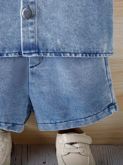 [Runs Large, Size 1 Size] Baby Boy 3pcs Summer Outfit Set, Soft Washed Denim Short Sleeve Lapel Jacket, Casual Denim Shorts And Matching Denim Bucket Hat, Daily Casual Clothes for 6-36 Months, Perfect for Outdoor