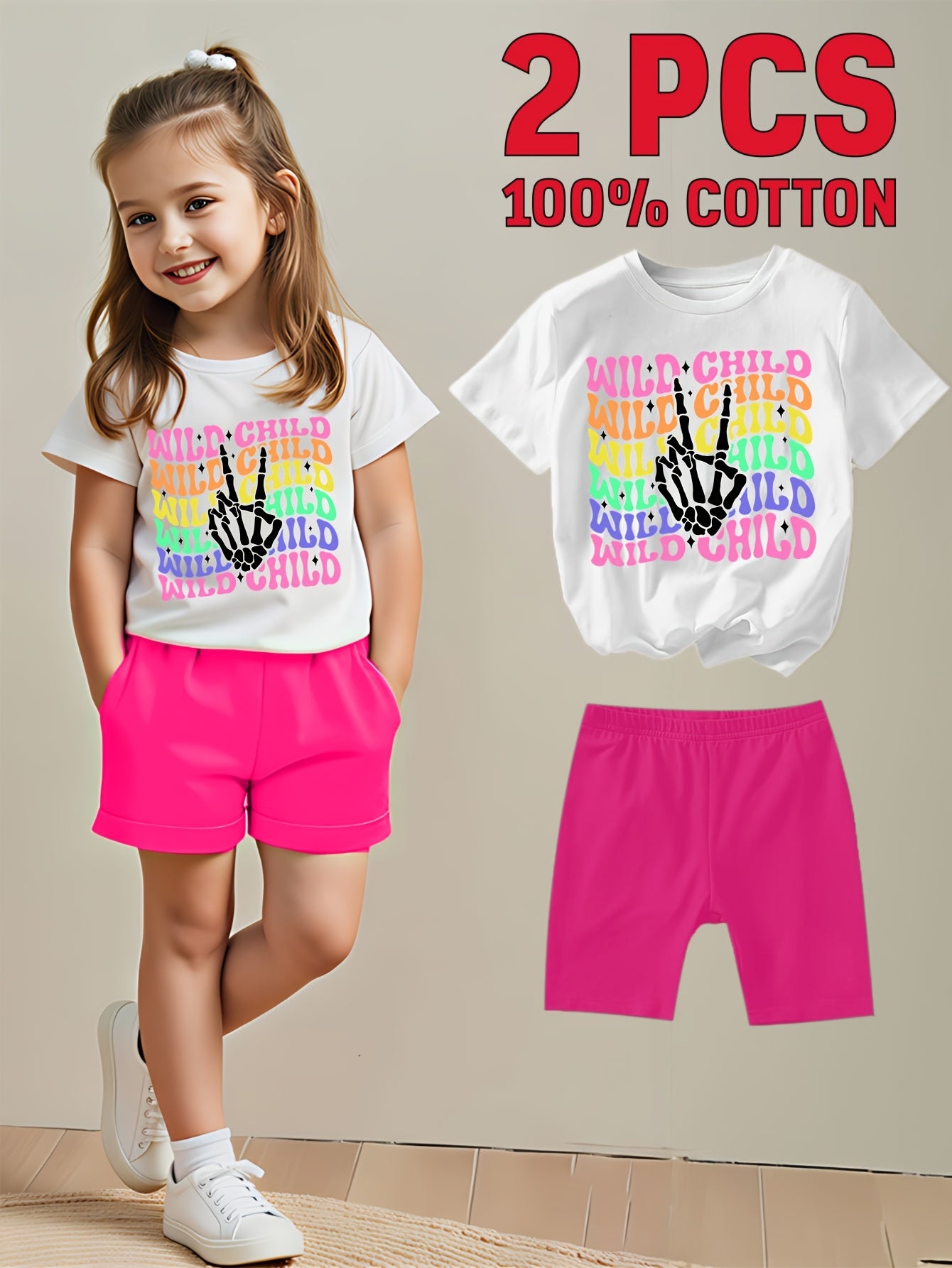 Girls' White Cotton Short-Sleeve Shorts - product view 3