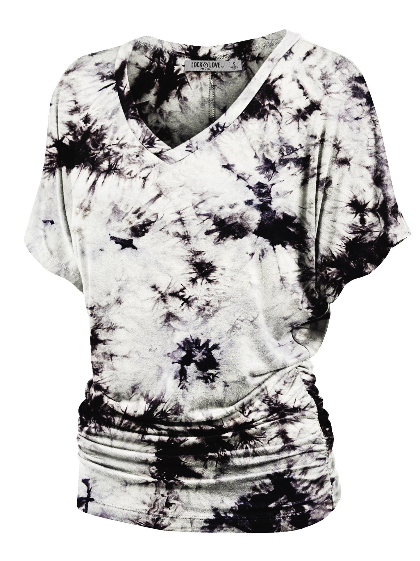 Women's Short Sleeve V Neck Tie-Dye Dolman Top w/Side Shirring