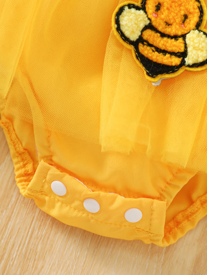 Baby Girl Summer Yellow Bee Jumpsuit Set: Sleeveless Patchwork Chiffon Jumpsuit And Matching Sun Hat, Suitable for Outdoor Outings (0-18 Months)