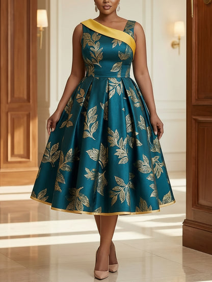 Plus Size, Plus Size Women's Spring-Summer Color-Block Waist-Fitted Dress | Leaf-Patterned Design Showcasing Exquisite Charm, Ideal for Light Dinner Occasions, Social Events & Exquisite Dates with Fashionable Looks