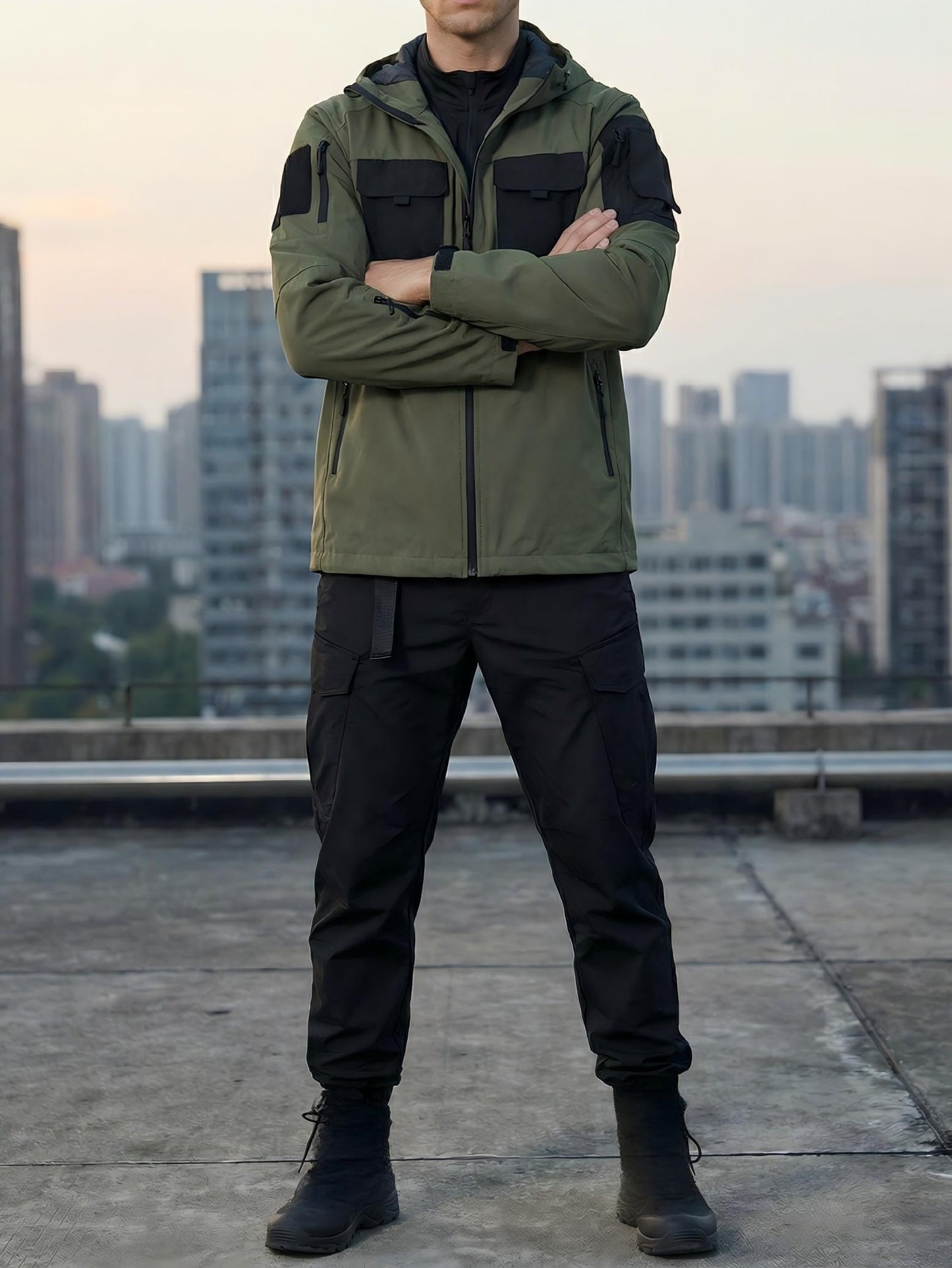 Men's Windproof Outdoor Jacket - Heavy-Duty Full-Zip Hooded Coat with Zippered Pockets, Scratch-Resistant Shell for Hiking, Camping, Hunting (Belt Included) Adjustable Hood -All-in-One Outdoor Shell Coat for Camping Essentials, Rugged Design, Durable