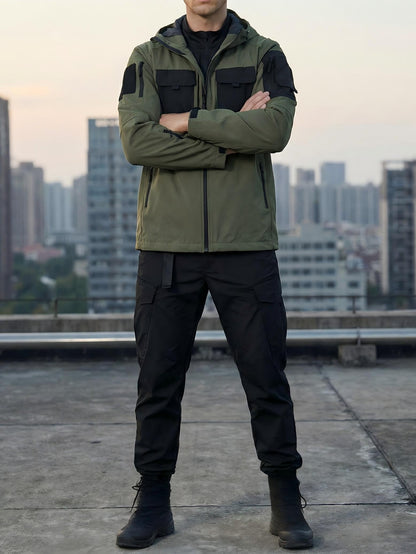 Men's Windproof Outdoor Jacket - Heavy-Duty Full-Zip Hooded Coat with Zippered Pockets, Scratch-Resistant Shell for Hiking, Camping, Hunting (Belt Included) Adjustable Hood -All-in-One Outdoor Shell Coat for Camping Essentials, Rugged Design, Durable